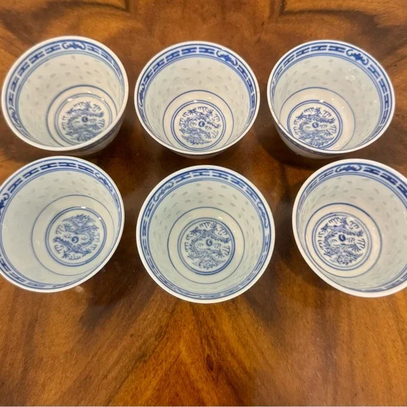 6 Chinese Rice Grain Porcelain Hand Painted Dragon Design Tea Cups - Picture 1 of 10